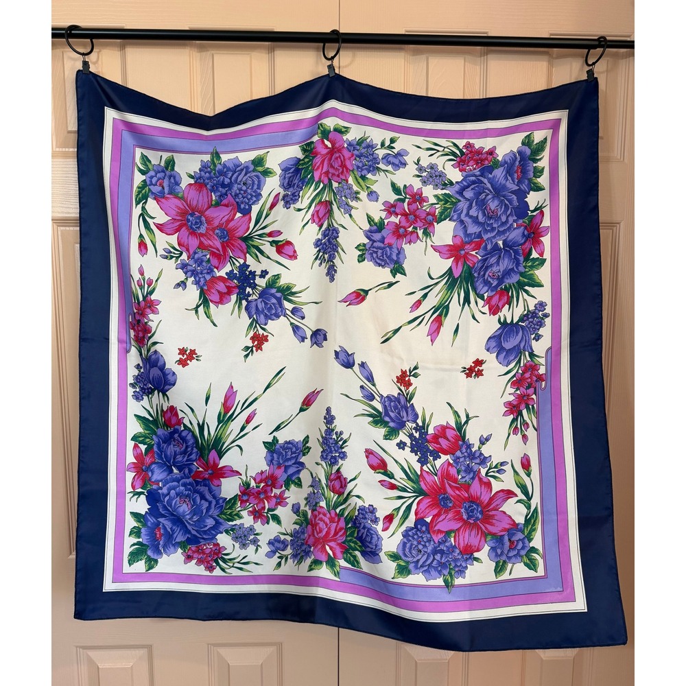 Vintage Floral Rose Square Scarf 33x33 Navy Blue Magenta Pink Lavender Bouquets